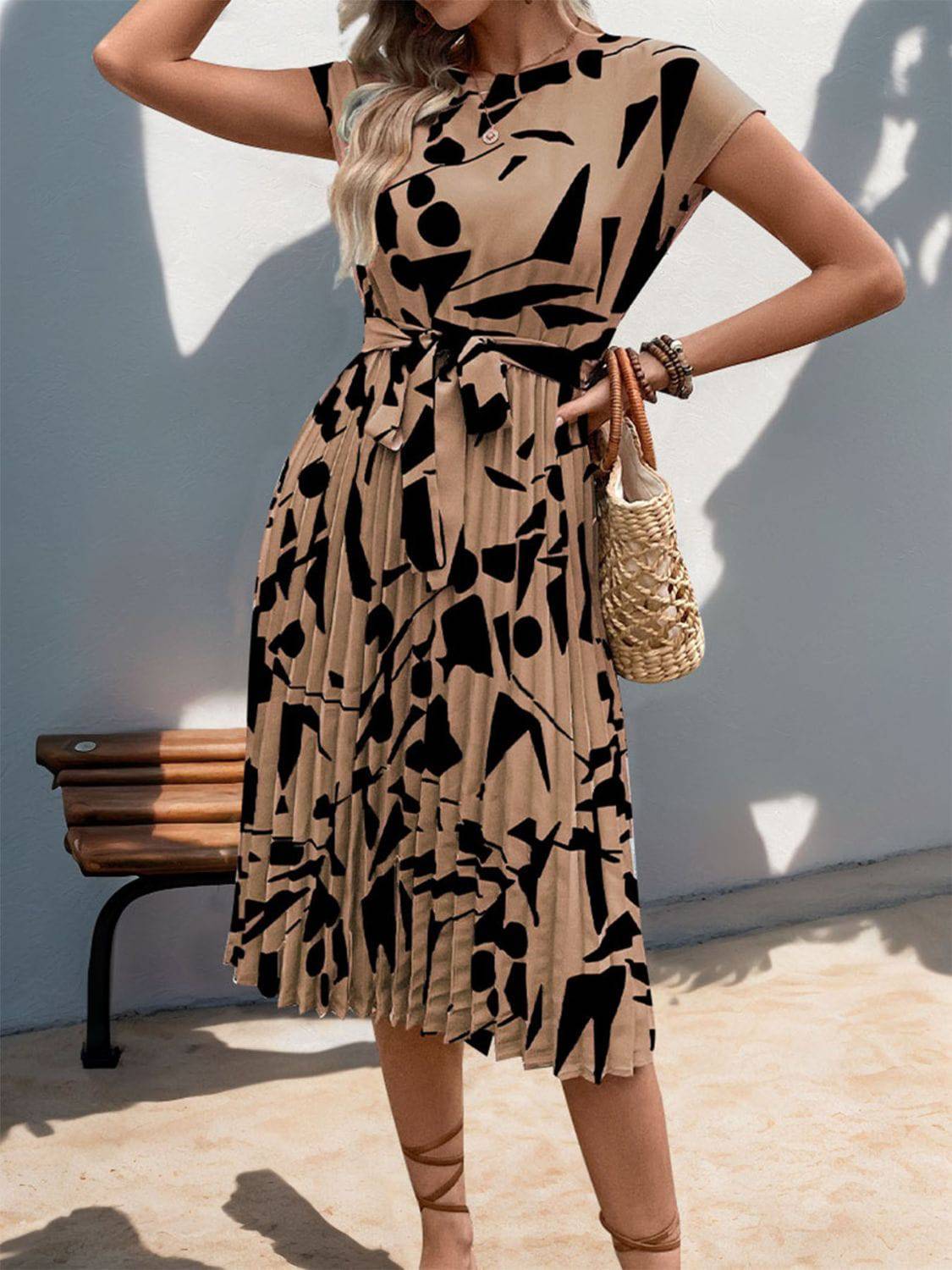Tied Pleated Printed Cap Sleeve Dress - Siennasass