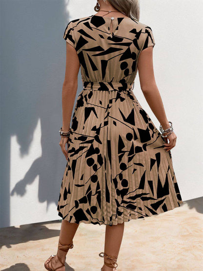 Tied Pleated Printed Cap Sleeve Dress - Siennasass
