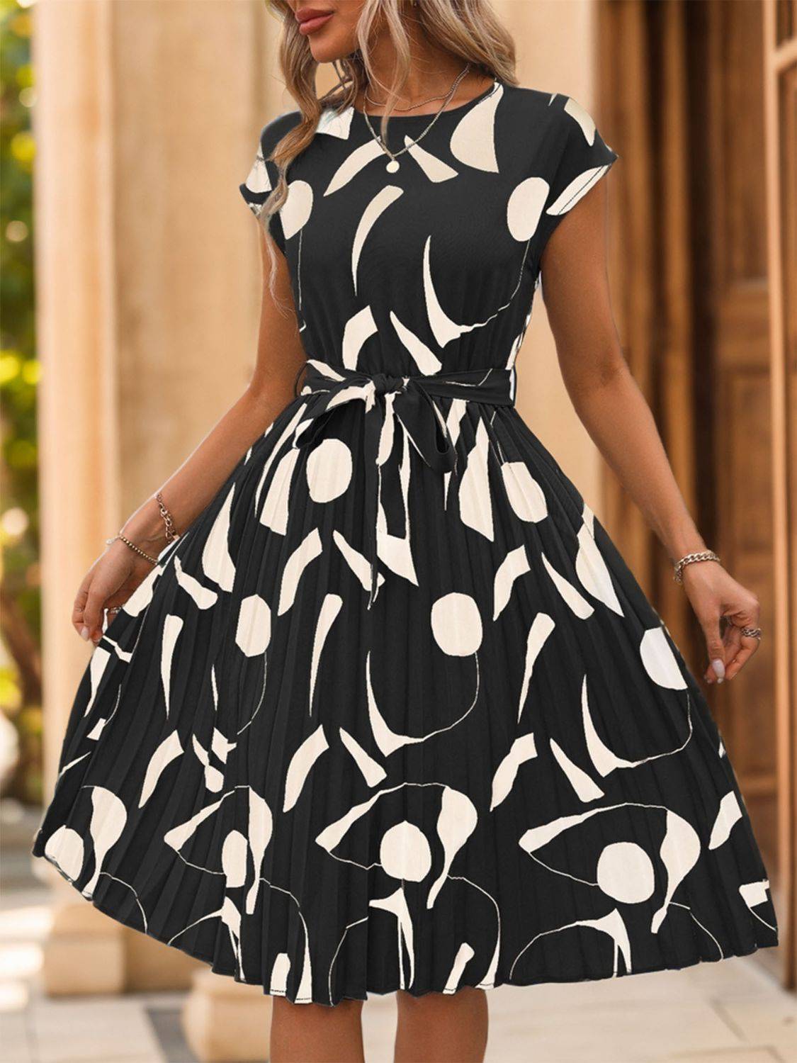 Tied Pleated Printed Cap Sleeve Dress - Siennasass