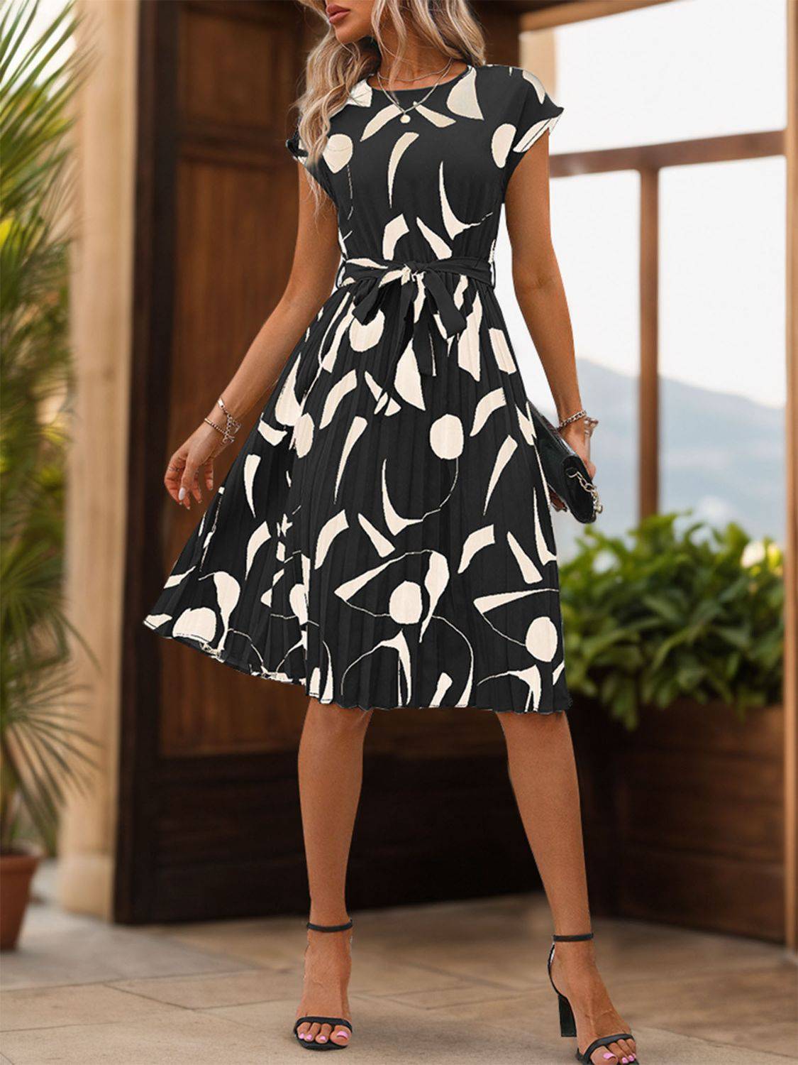 Tied Pleated Printed Cap Sleeve Dress - Siennasass