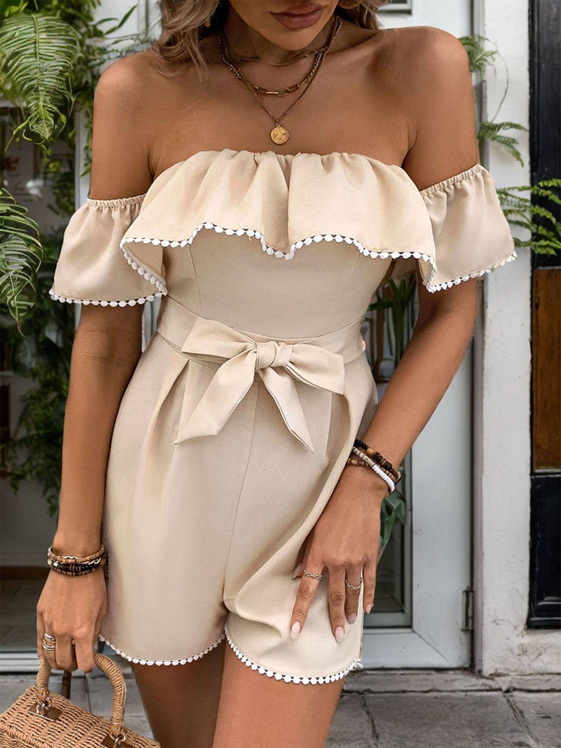 Tied Ruffled Off-Shoulder Short Sleeve Romper - Siennasass