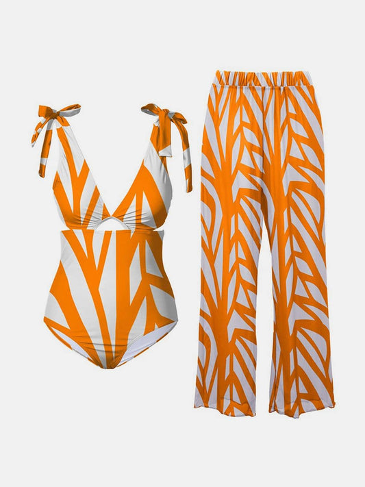 Printed Tie Shoulder Swimwear and Pants Swim Set - Siennasass