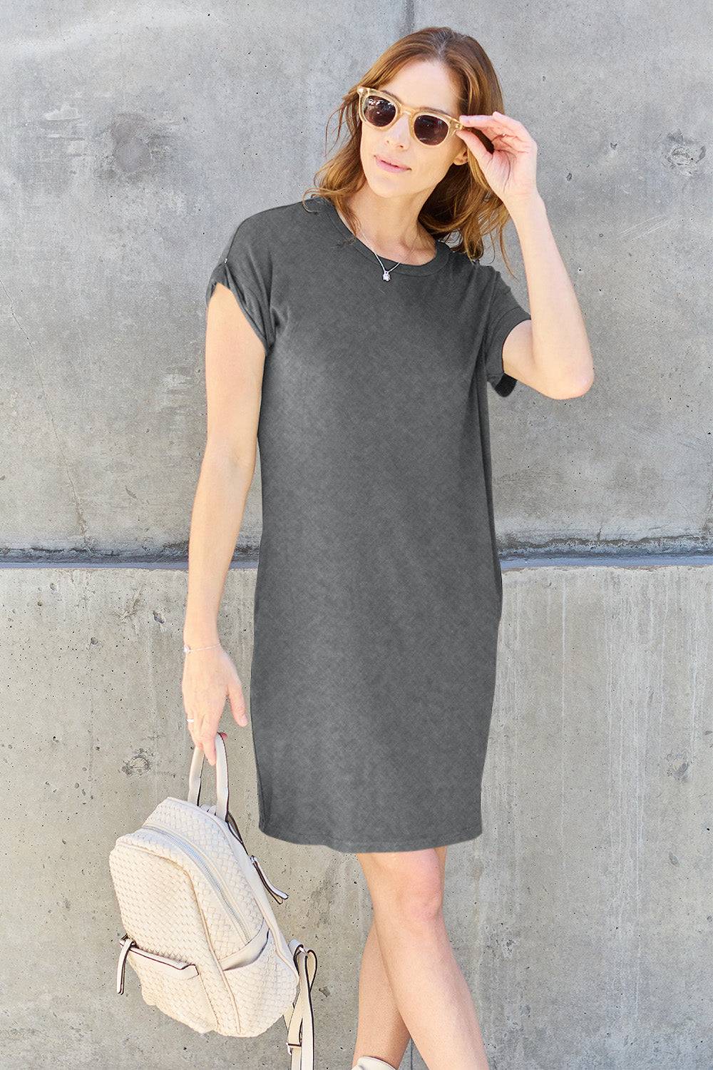 Basic Bae Full Size Round Neck Short Sleeve Dress with Pockets - Siennasass