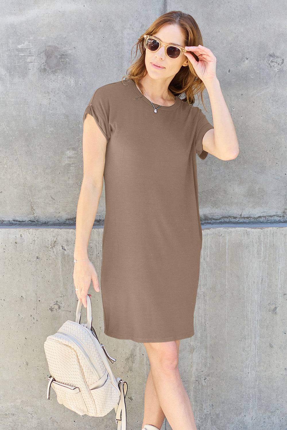 Basic Bae Full Size Round Neck Short Sleeve Dress with Pockets - Siennasass