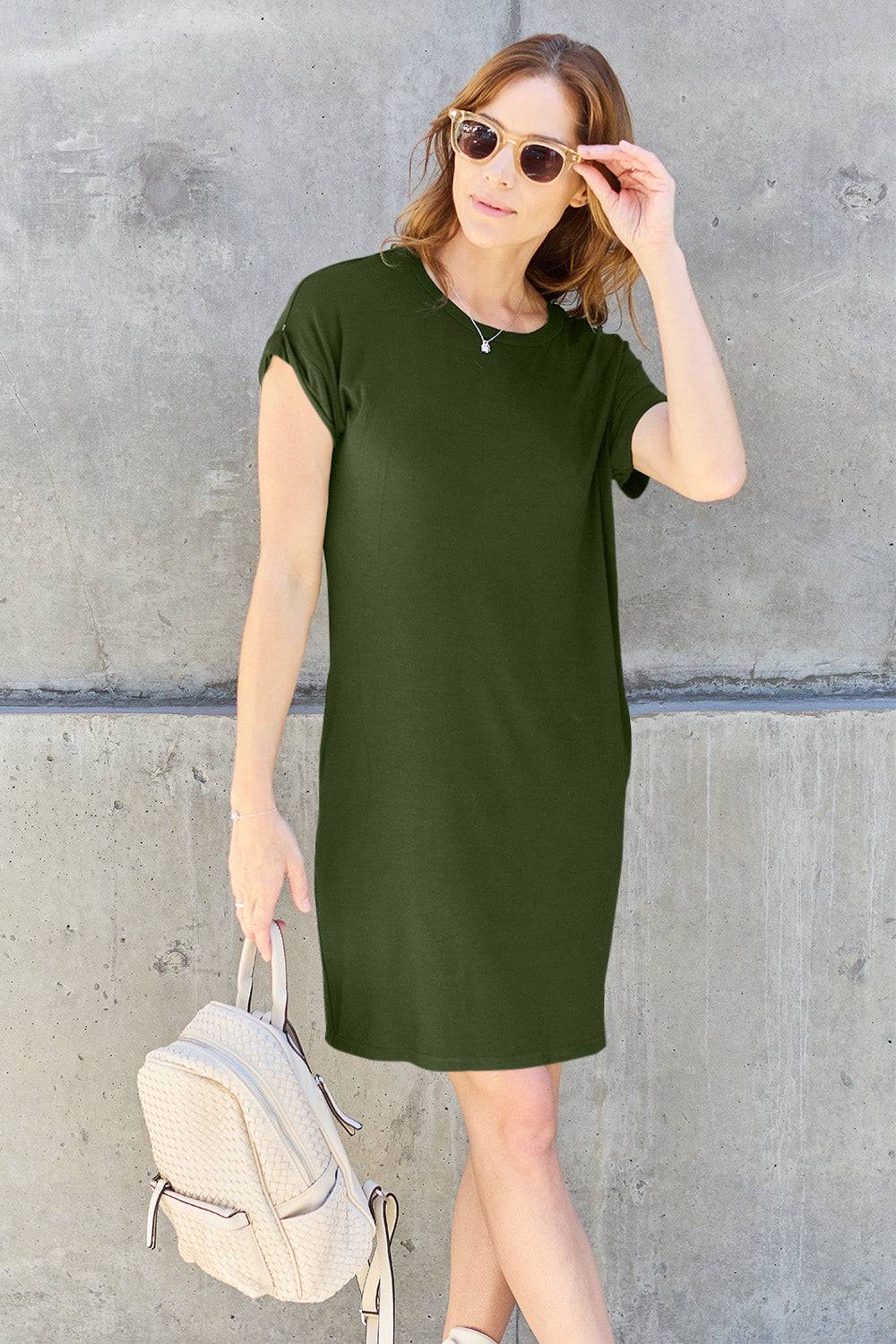Basic Bae Full Size Round Neck Short Sleeve Dress with Pockets - Siennasass