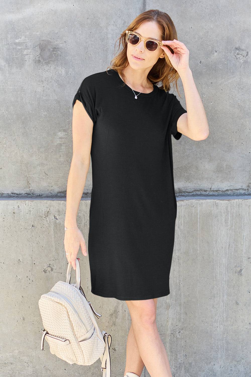 Basic Bae Full Size Round Neck Short Sleeve Dress with Pockets - Siennasass