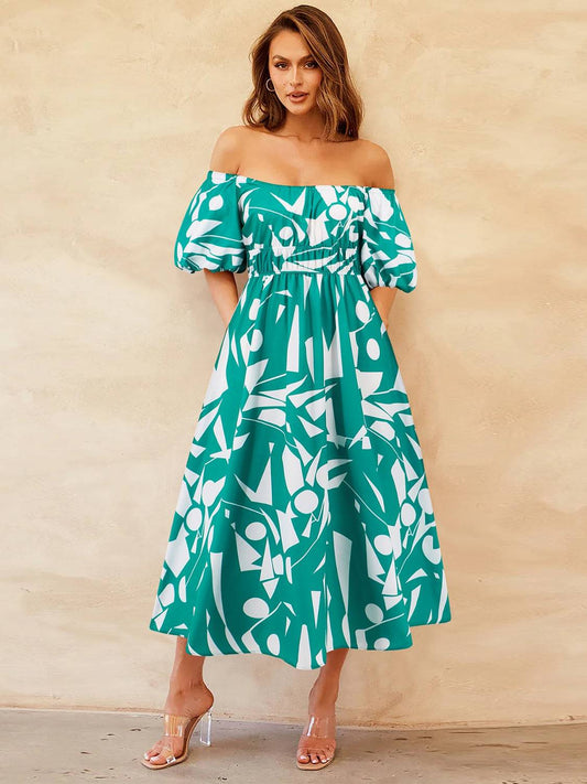 Printed Off-Shoulder Balloon Sleeve Dress - Siennasass