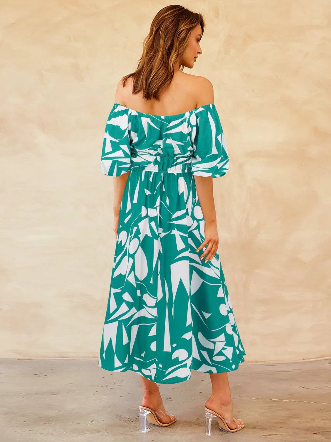 Printed Off-Shoulder Balloon Sleeve Dress - Siennasass
