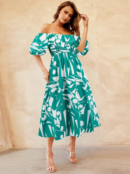 Printed Off-Shoulder Balloon Sleeve Dress - Siennasass