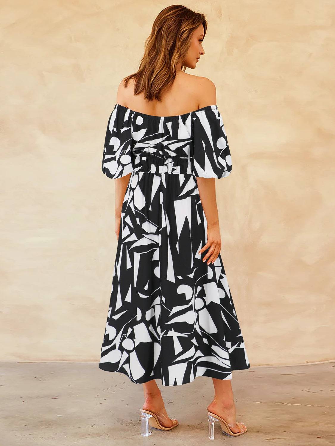 Printed Off-Shoulder Balloon Sleeve Dress - Siennasass
