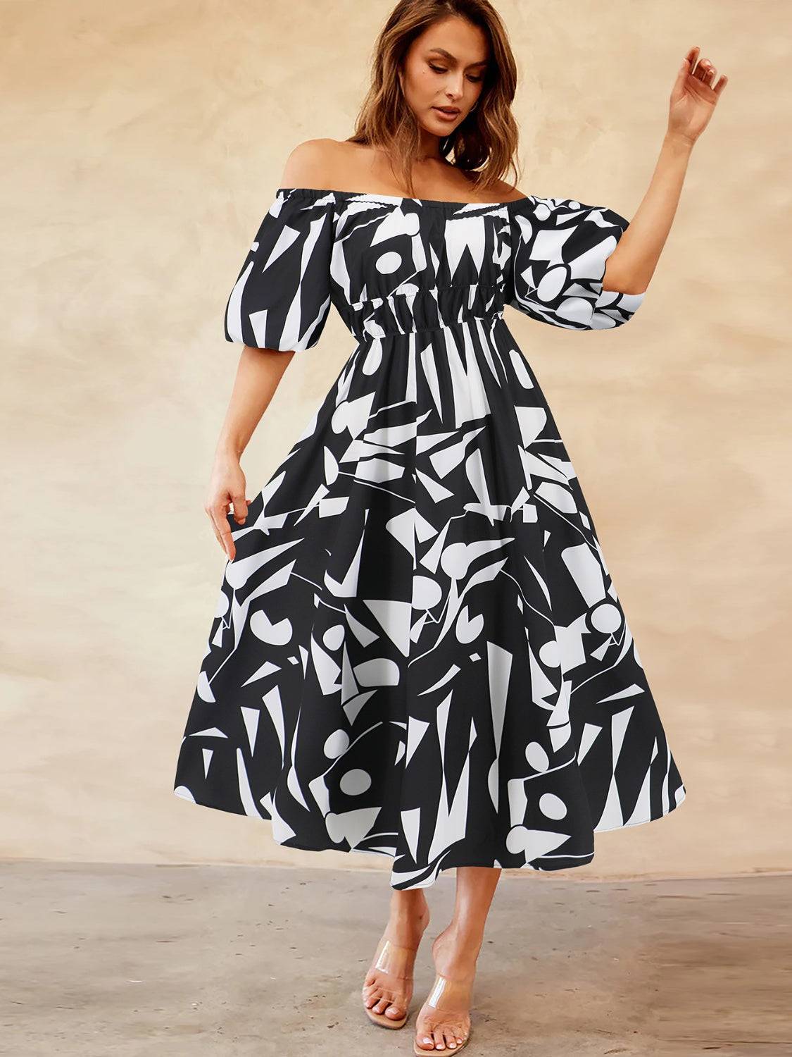Printed Off-Shoulder Balloon Sleeve Dress - Siennasass