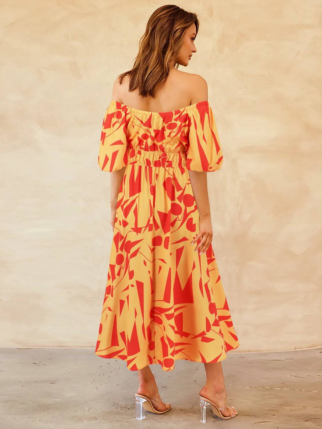 Printed Off-Shoulder Balloon Sleeve Dress - Siennasass