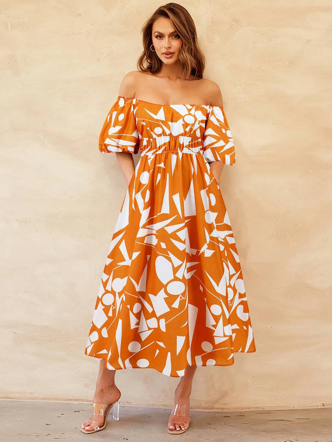 Printed Off-Shoulder Balloon Sleeve Dress - Siennasass