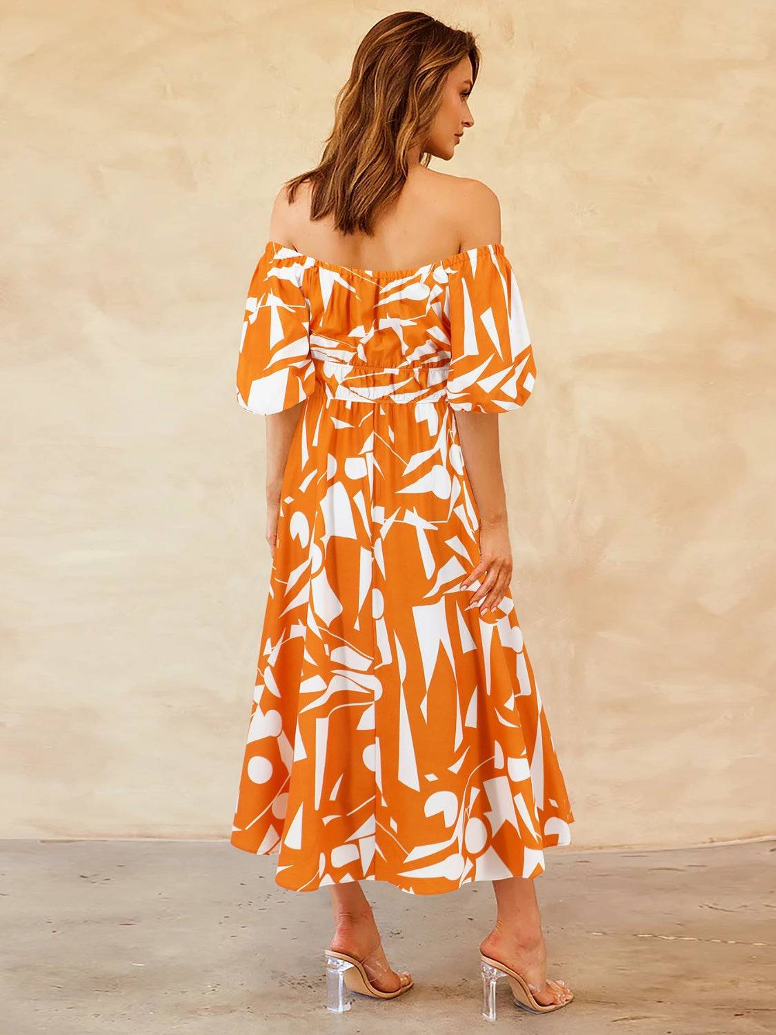 Printed Off-Shoulder Balloon Sleeve Dress - Siennasass