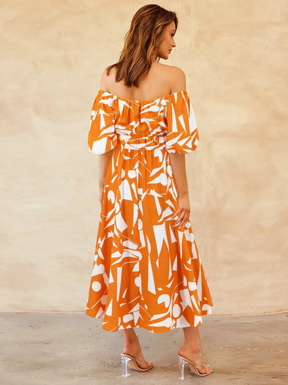 Printed Off-Shoulder Balloon Sleeve Dress - Siennasass