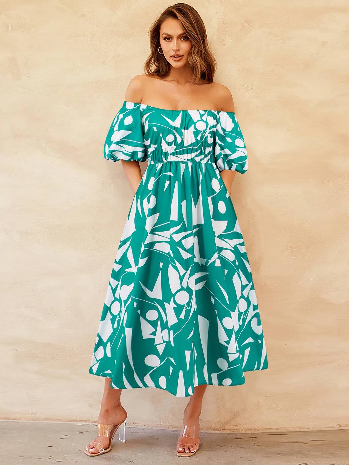 Printed Off-Shoulder Balloon Sleeve Dress - Siennasass