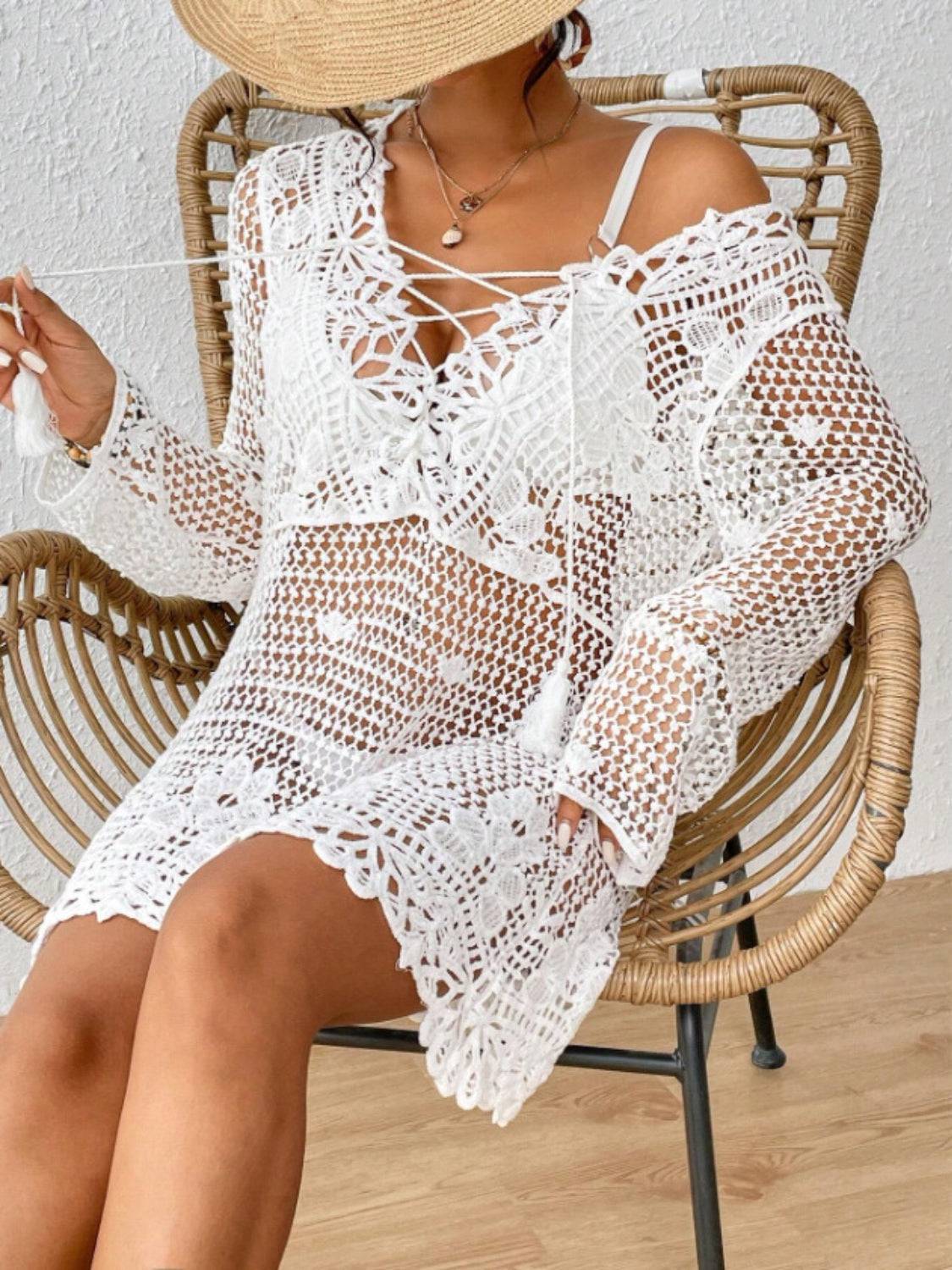 Cutout Tied V-Neck Long Sleeve Cover Up - Siennasass