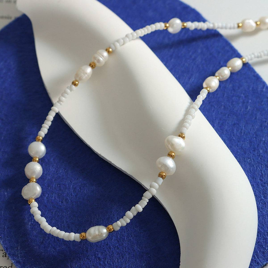 Titanium Steel Glass Bead Pearl Necklace - Siennasass