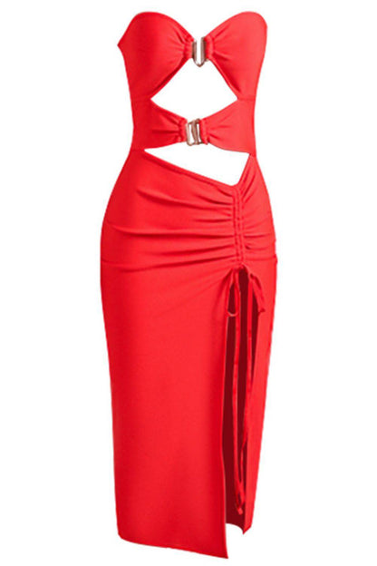 Cutout Strapless Drawstring Detail Split Bandage Dress - Siennasass