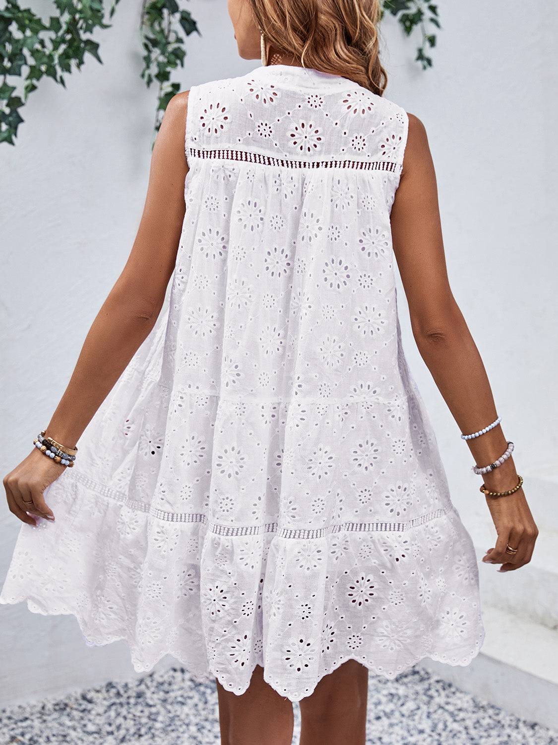 Eyelet Tie Neck Sleeveless Mini Dress - Siennasass