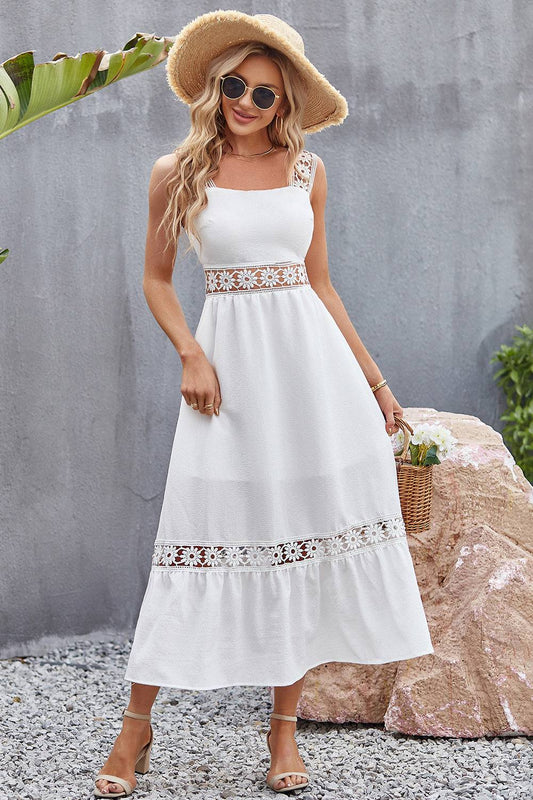 Flower Crochet Wide Strap Midi Dress - Siennasass