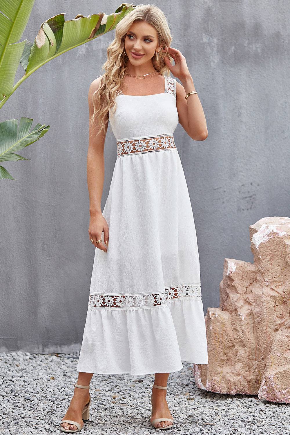 Flower Crochet Wide Strap Midi Dress - Siennasass