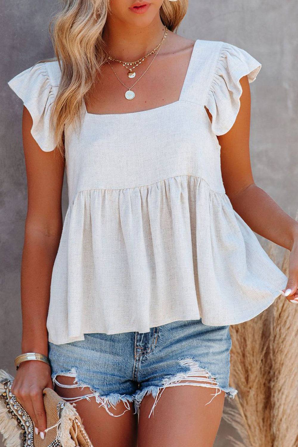 Full Size Ruffled Square Neck Cap Sleeve Blouse - Siennasass