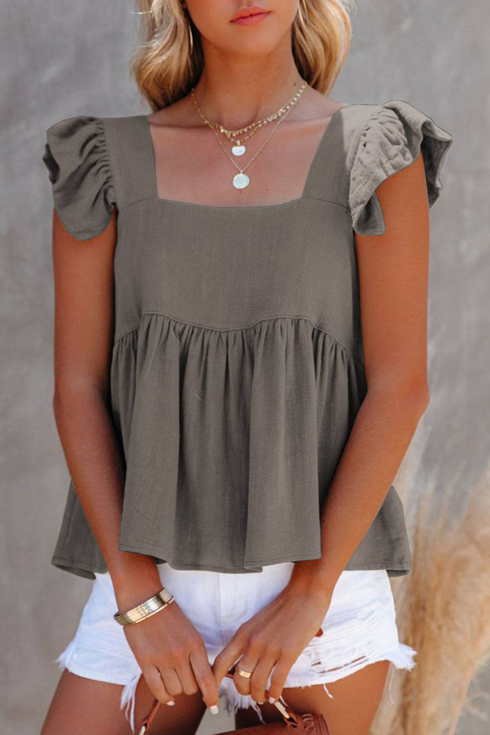 Full Size Ruffled Square Neck Cap Sleeve Blouse - Siennasass