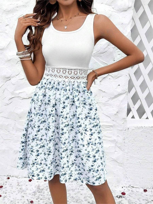Lace Detail Floral Round Neck Sleeveless Dress - Siennasass