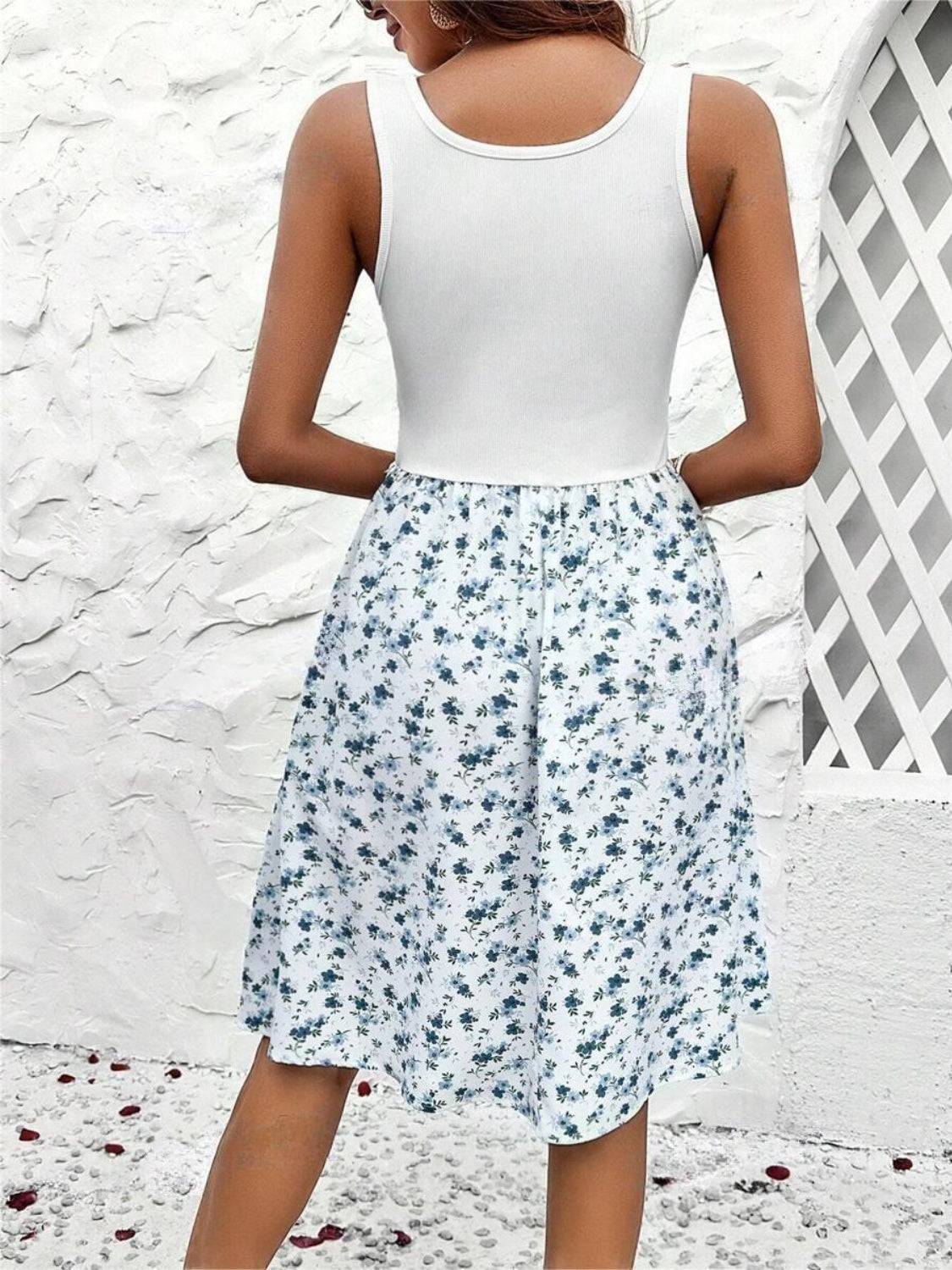 Lace Detail Floral Round Neck Sleeveless Dress - Siennasass