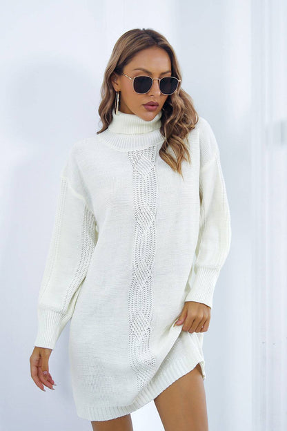 Openwork Turtleneck Long Sleeve Sweater Dress