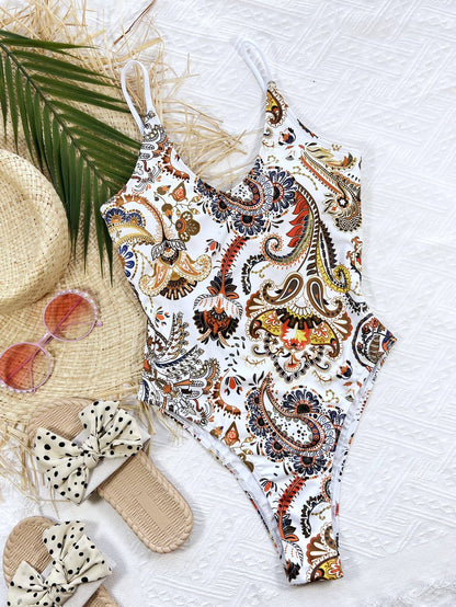 Printed Tie Back Scoop Neck One-Piece Swimsuit - Siennasass