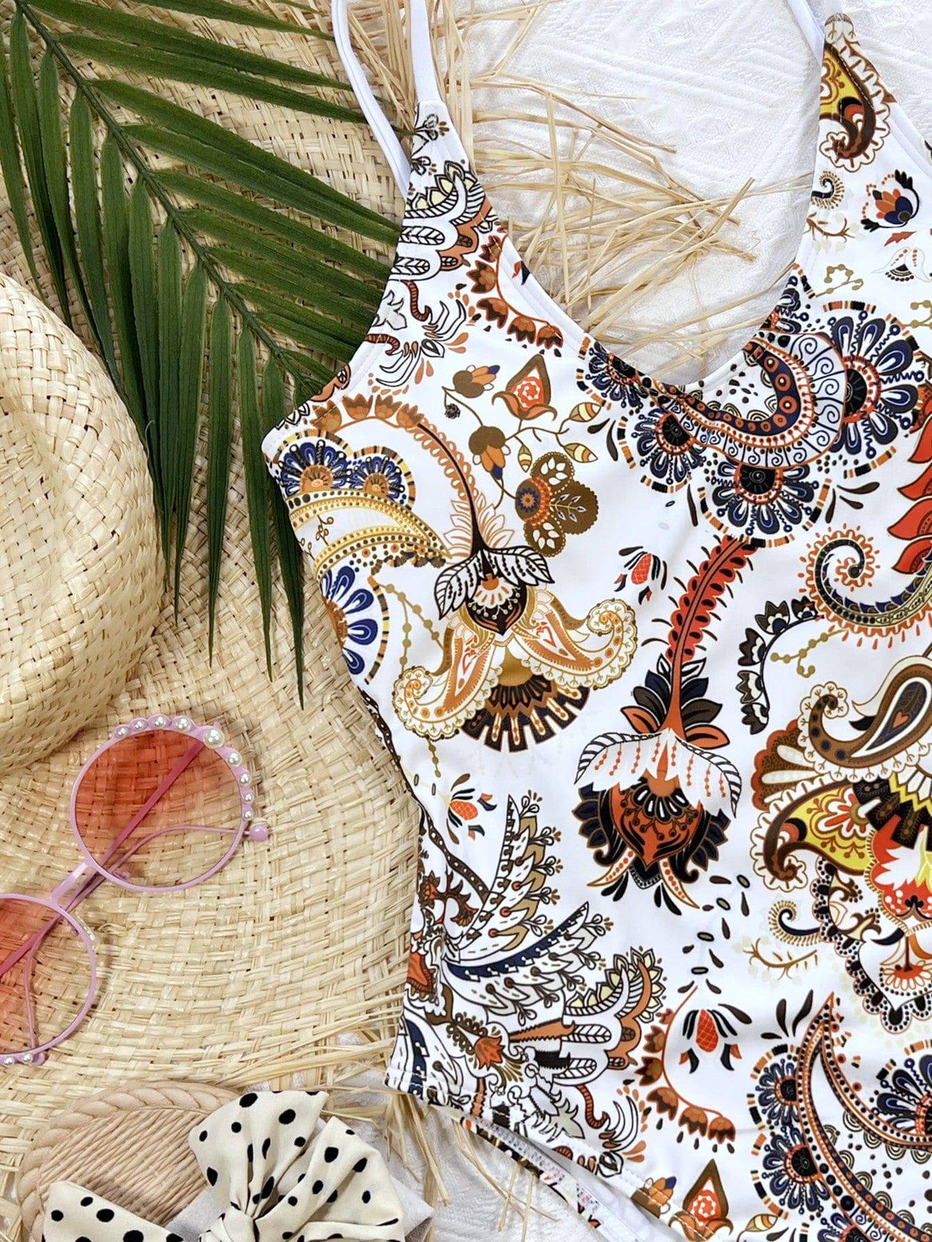 Printed Tie Back Scoop Neck One-Piece Swimsuit - Siennasass