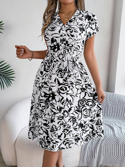 Printed V-Neck Short Sleeve Dress - Siennasass