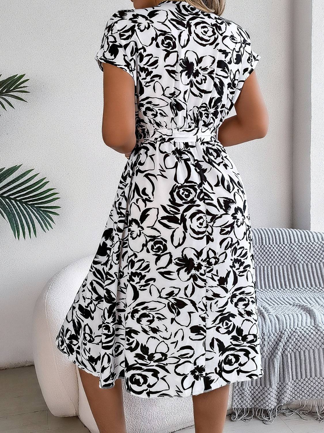 Printed V-Neck Short Sleeve Dress - Siennasass