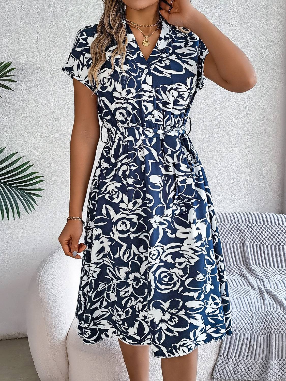 Printed V-Neck Short Sleeve Dress - Siennasass