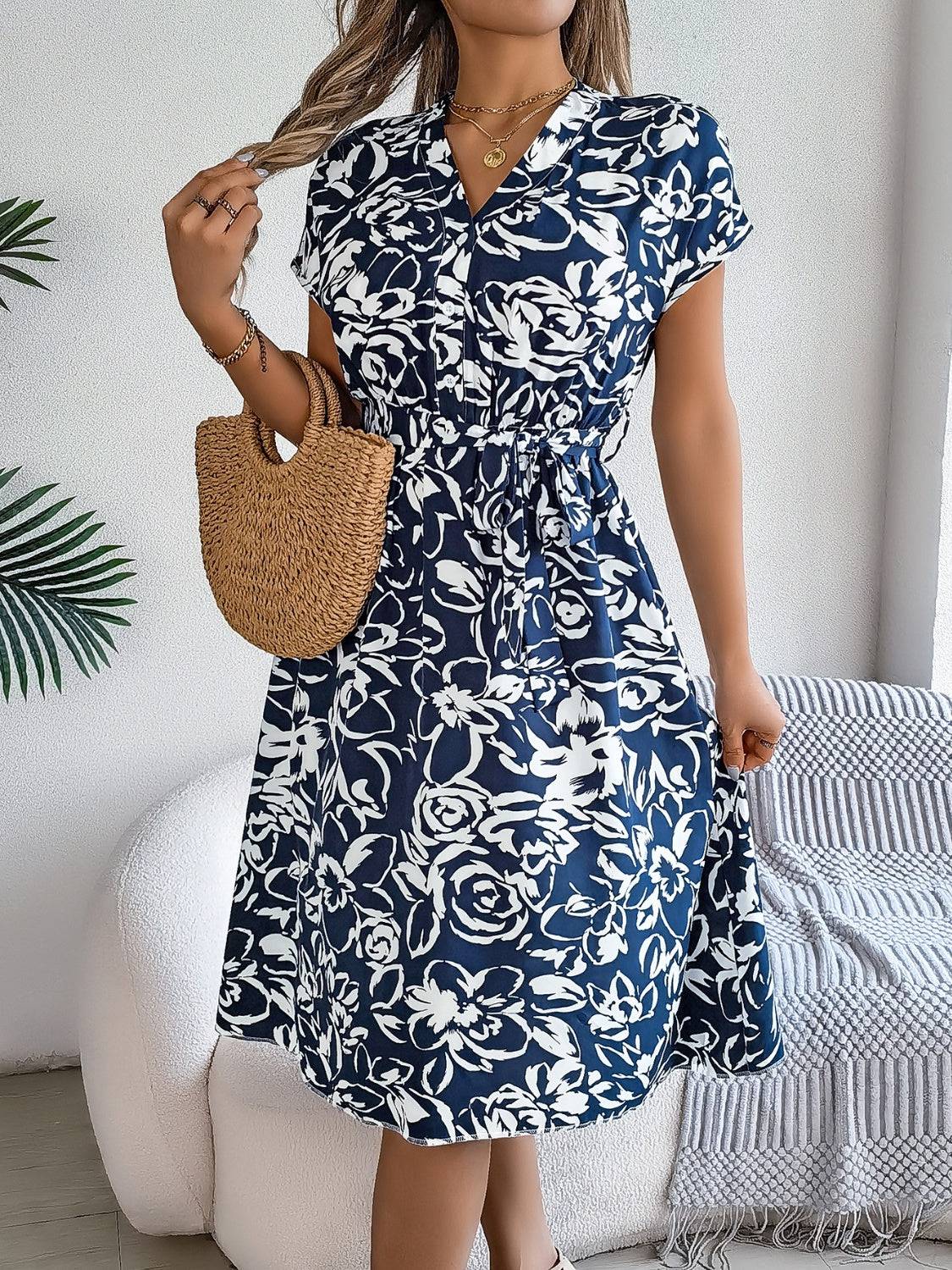 Printed V-Neck Short Sleeve Dress - Siennasass