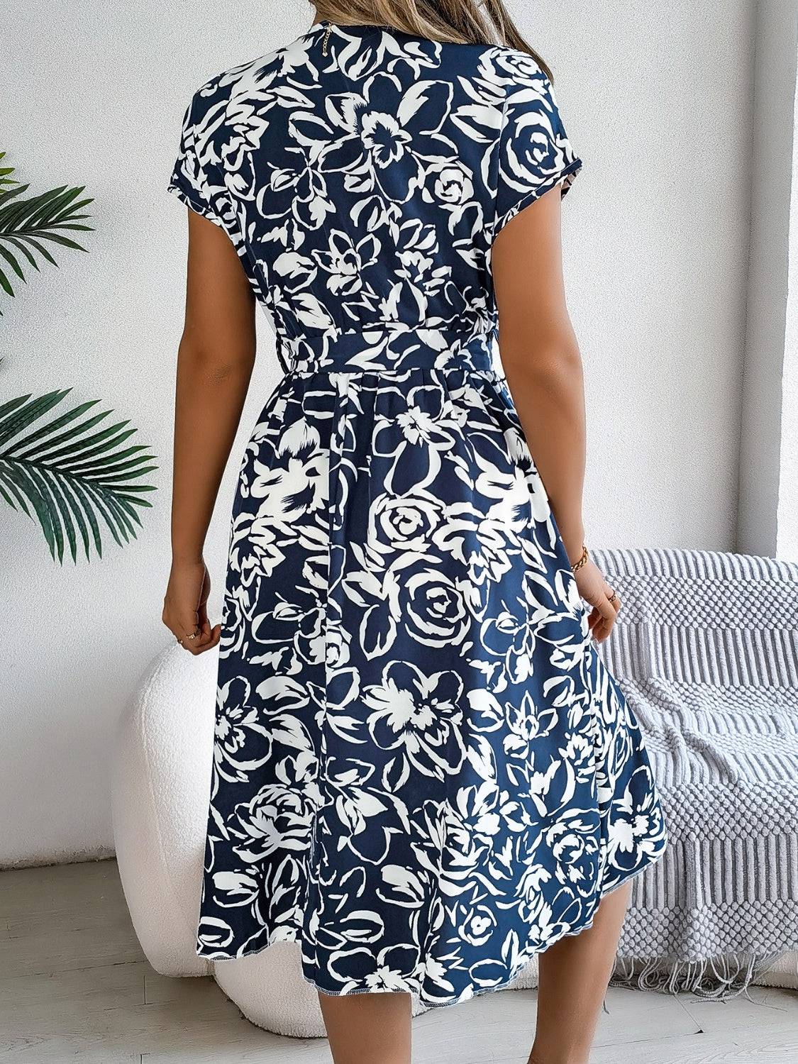 Printed V-Neck Short Sleeve Dress - Siennasass