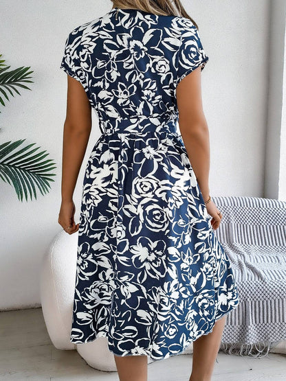 Printed V-Neck Short Sleeve Dress - Siennasass