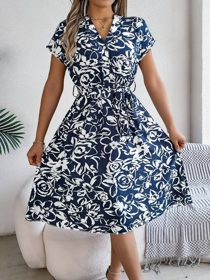 Printed V-Neck Short Sleeve Dress - Siennasass