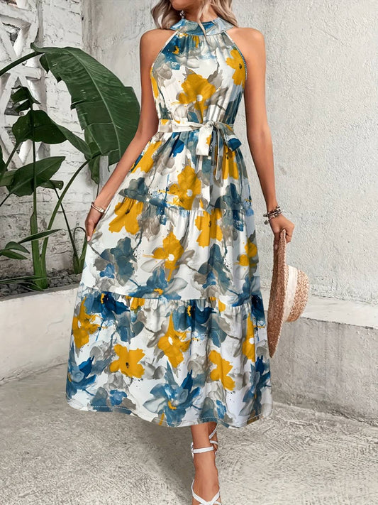 Tiered Printed Mock Neck Sleeveless Dress - Siennasass