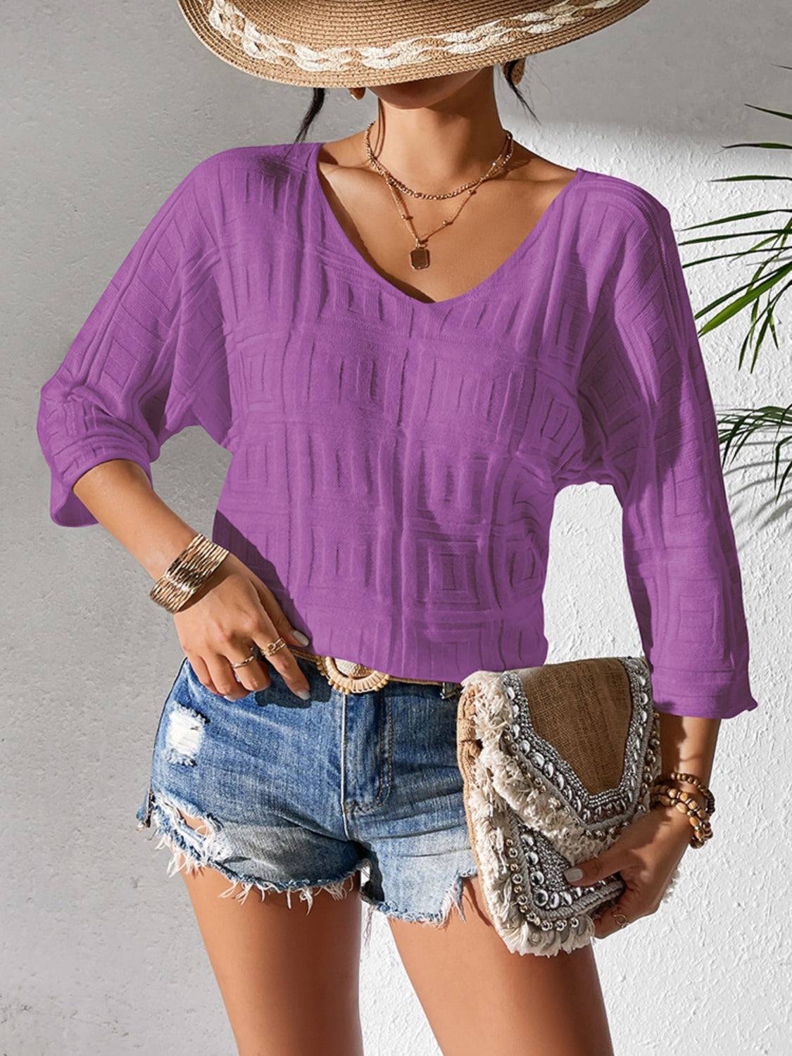 Strickoberteil mit V-Ausschnitt und Dreiviertelärmeln