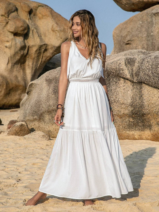 V-Neck Tie Shoulder Crochet Maxi Dress - Siennasass