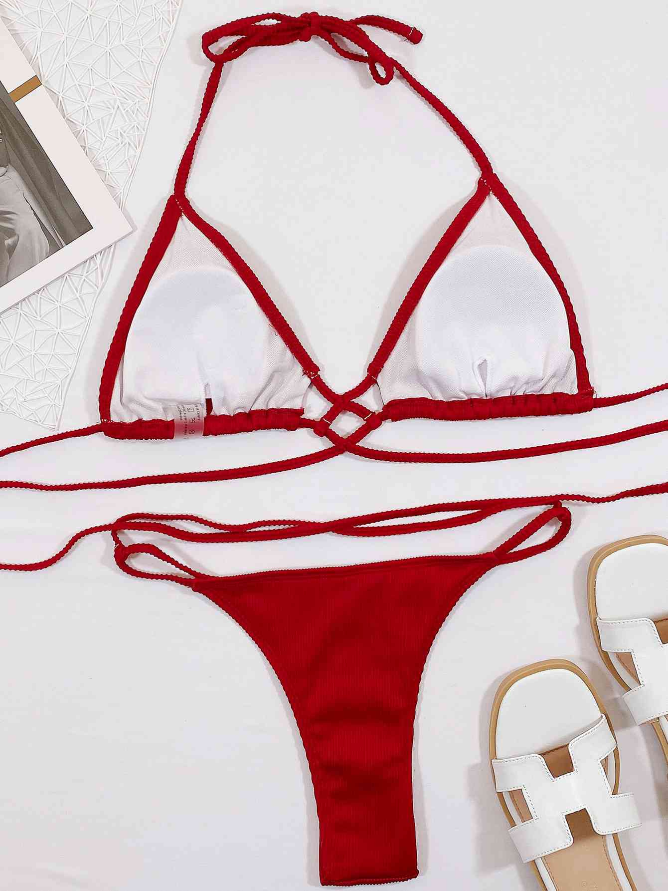 Halter Neck Crisscross Ribbed Bikini Set - Siennasass