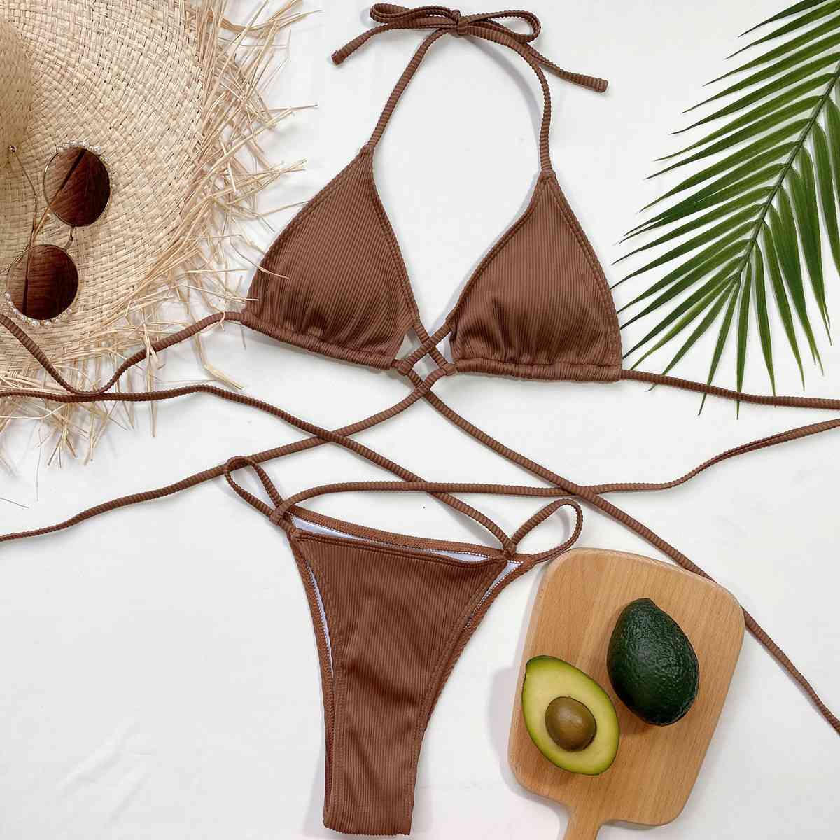Halter Neck Crisscross Ribbed Bikini Set - Siennasass