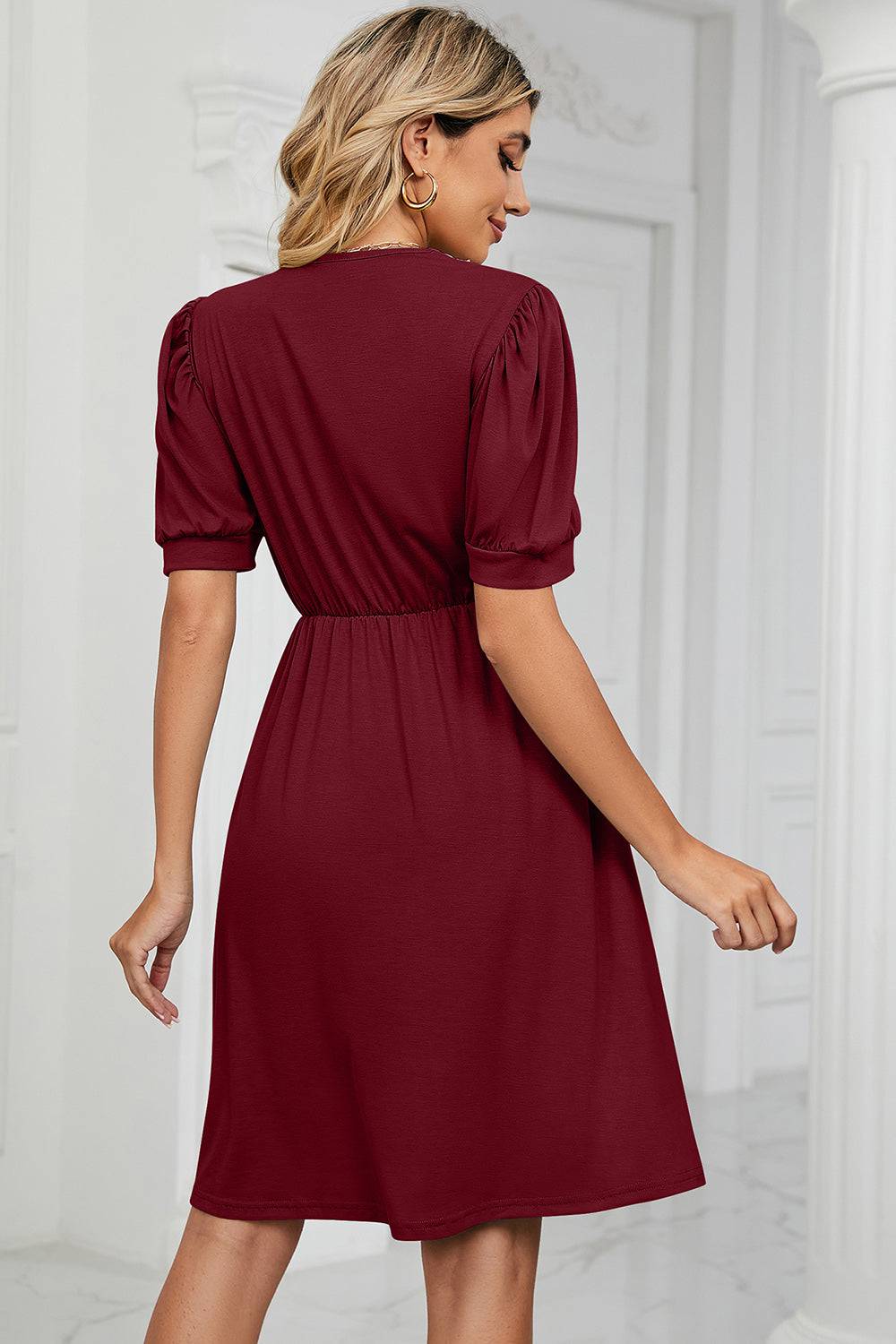 V-Neck Puff Sleeve Dress - Siennasass