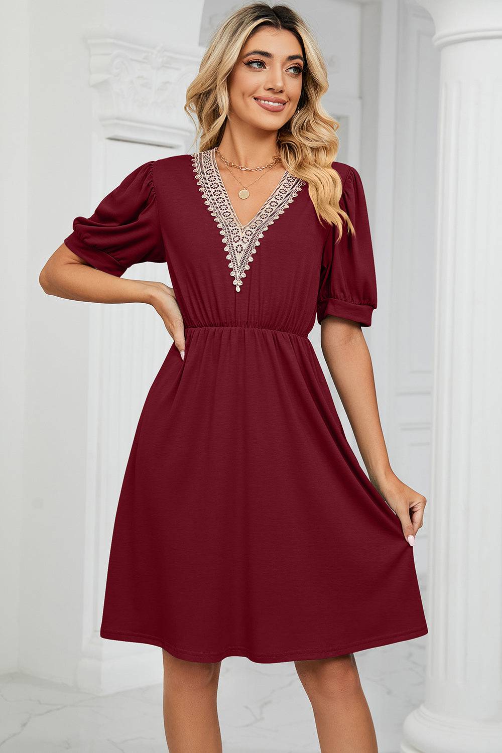 V-Neck Puff Sleeve Dress - Siennasass
