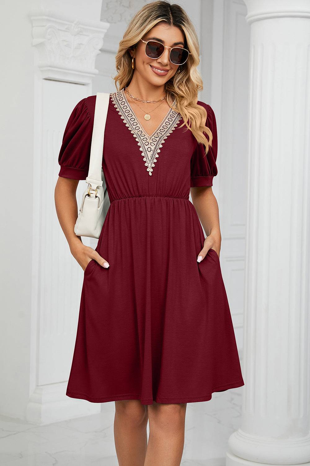 V-Neck Puff Sleeve Dress - Siennasass