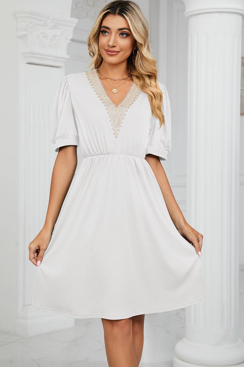 V-Neck Puff Sleeve Dress - Siennasass