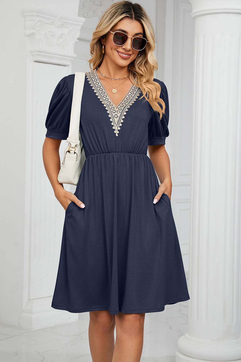 V-Neck Puff Sleeve Dress - Siennasass